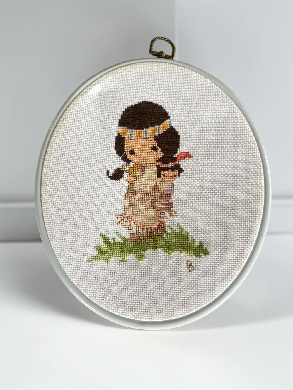 Vintage Precious Moments Inspired Cross Stitch Oval Hoop Wall Art